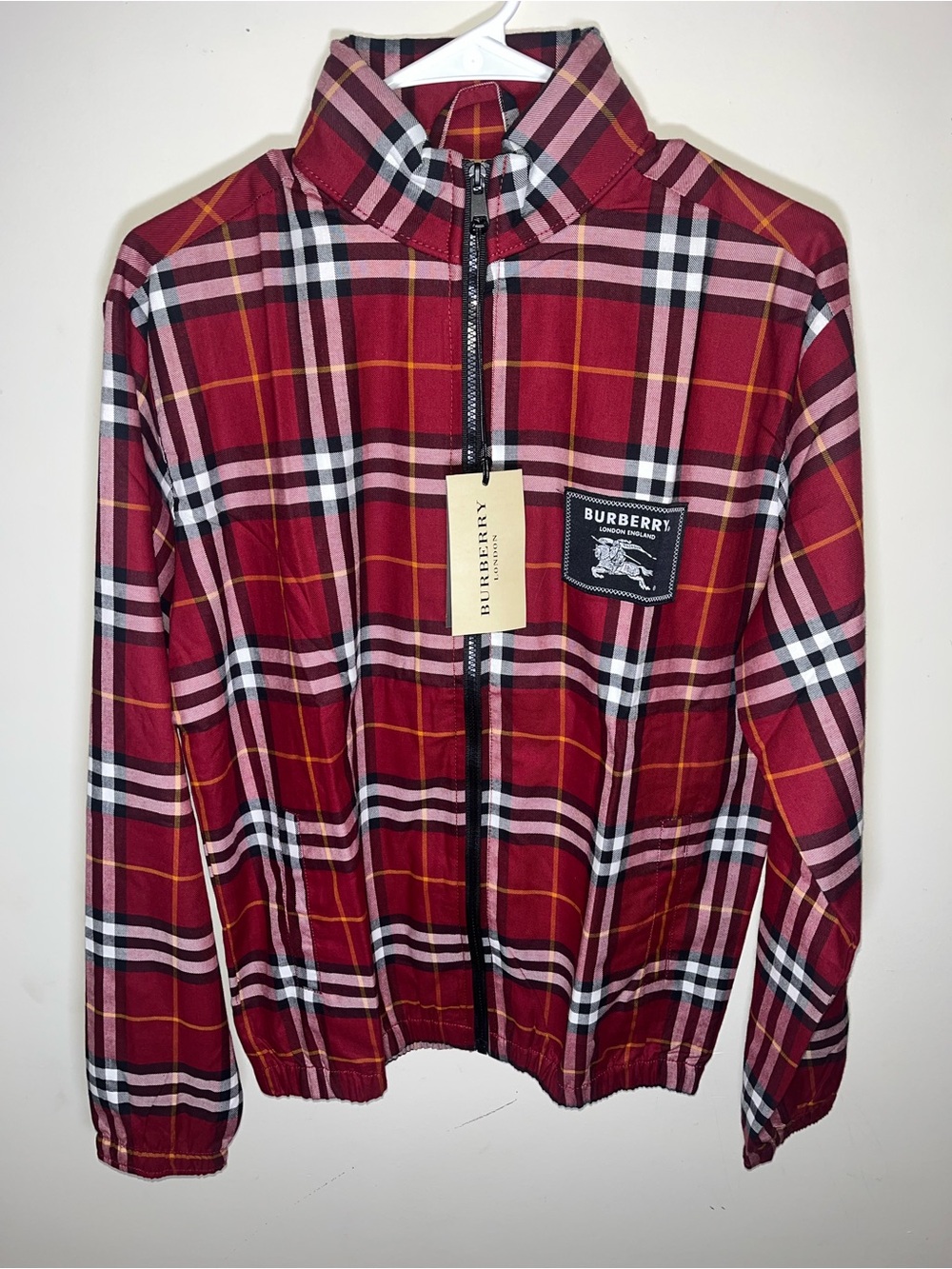 Burberry Men's Burgundy Plaid Lightweight Zip Jacket